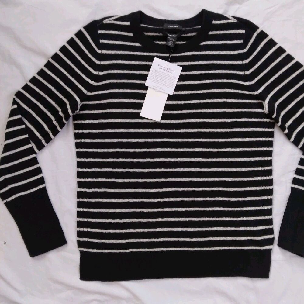 Halogen Cashmere Sweater Crew Neck Black Ivory Striped Long Sleeve Womens Size M - Picture 2 of 9